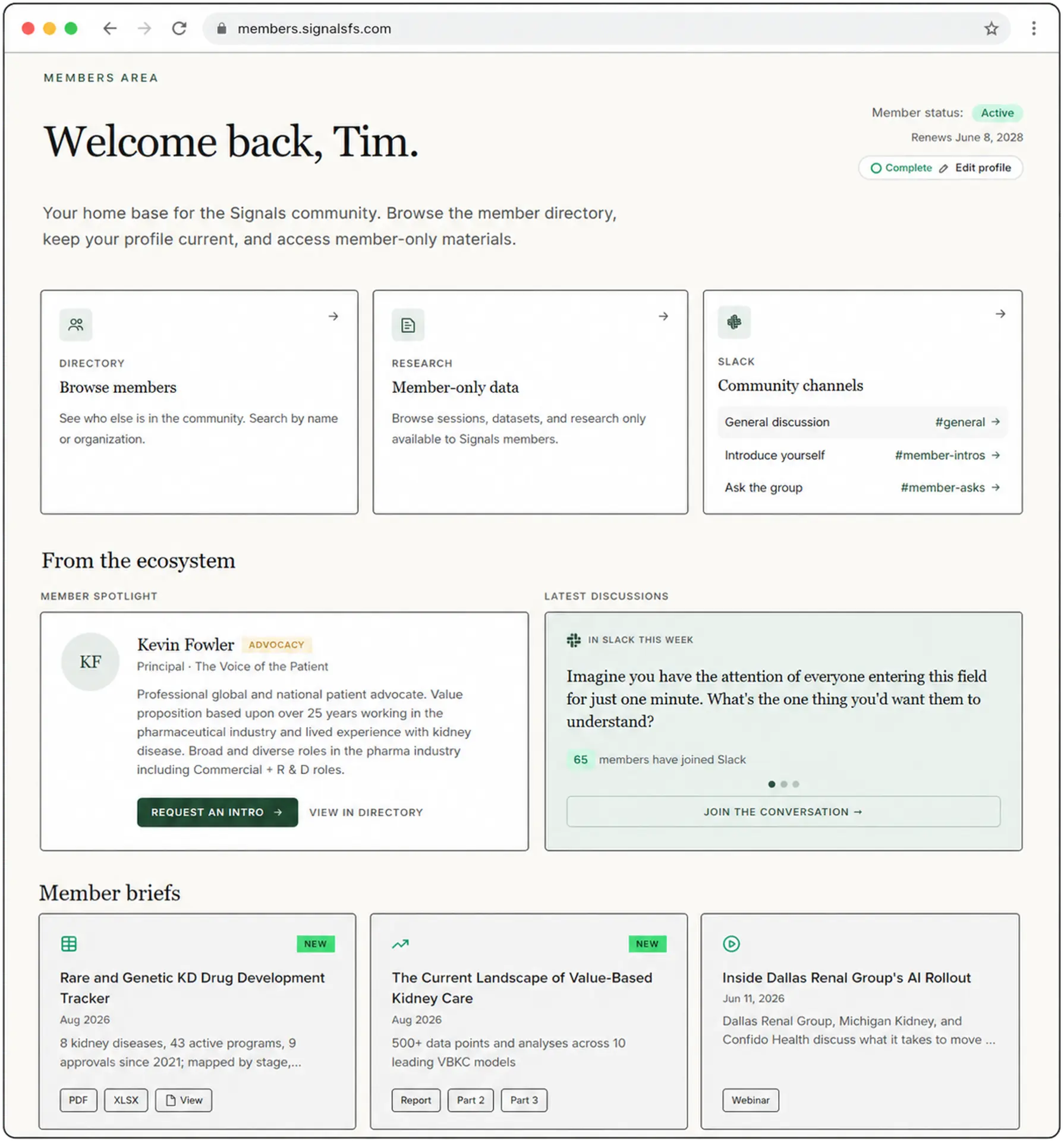 The Signals member dashboard showing the member directory, member-only research, Slack community channels, member spotlight, and member briefs