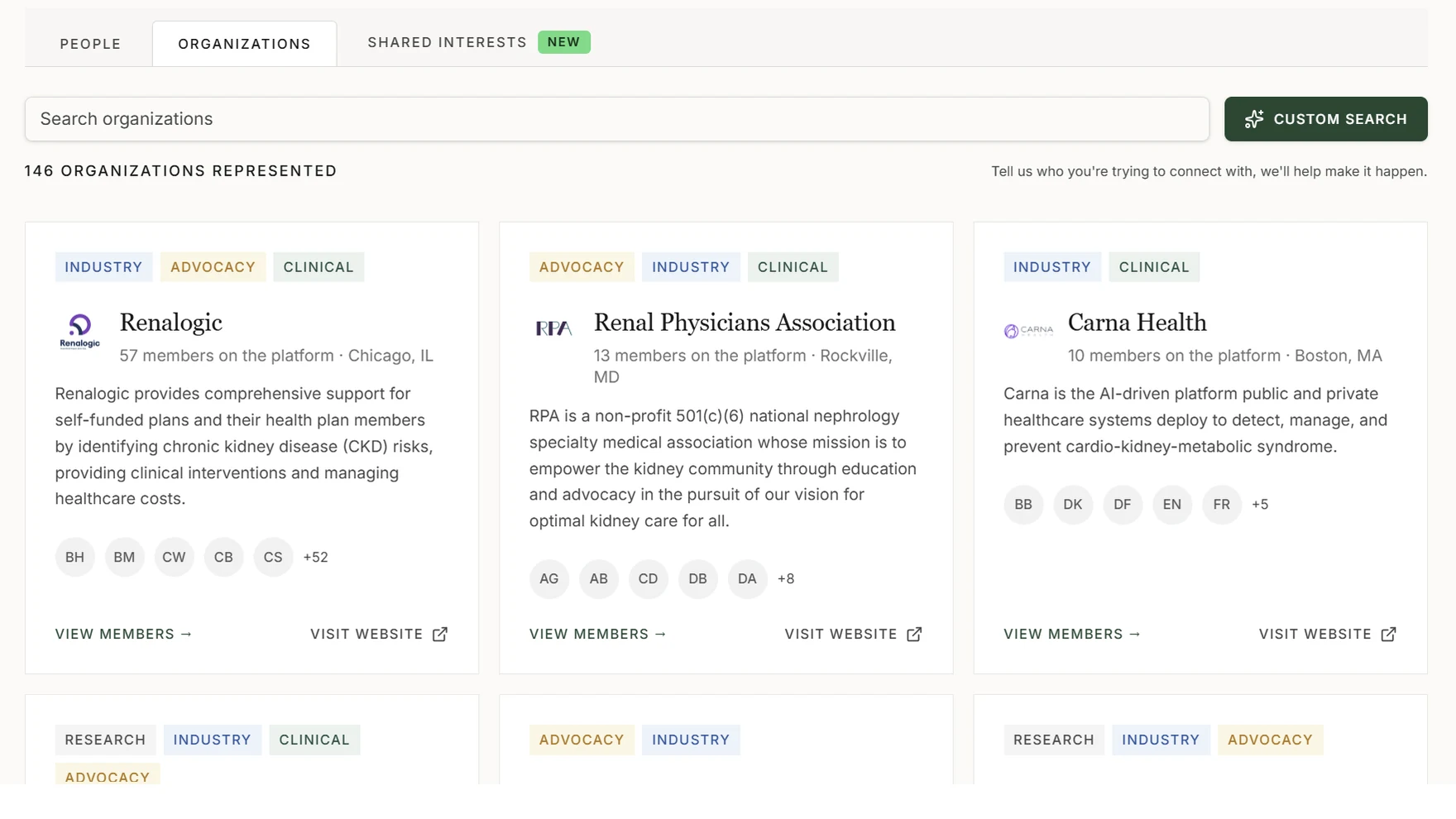 The Signals member directory Organizations tab, showing organization cards with focus-area tags and member counts