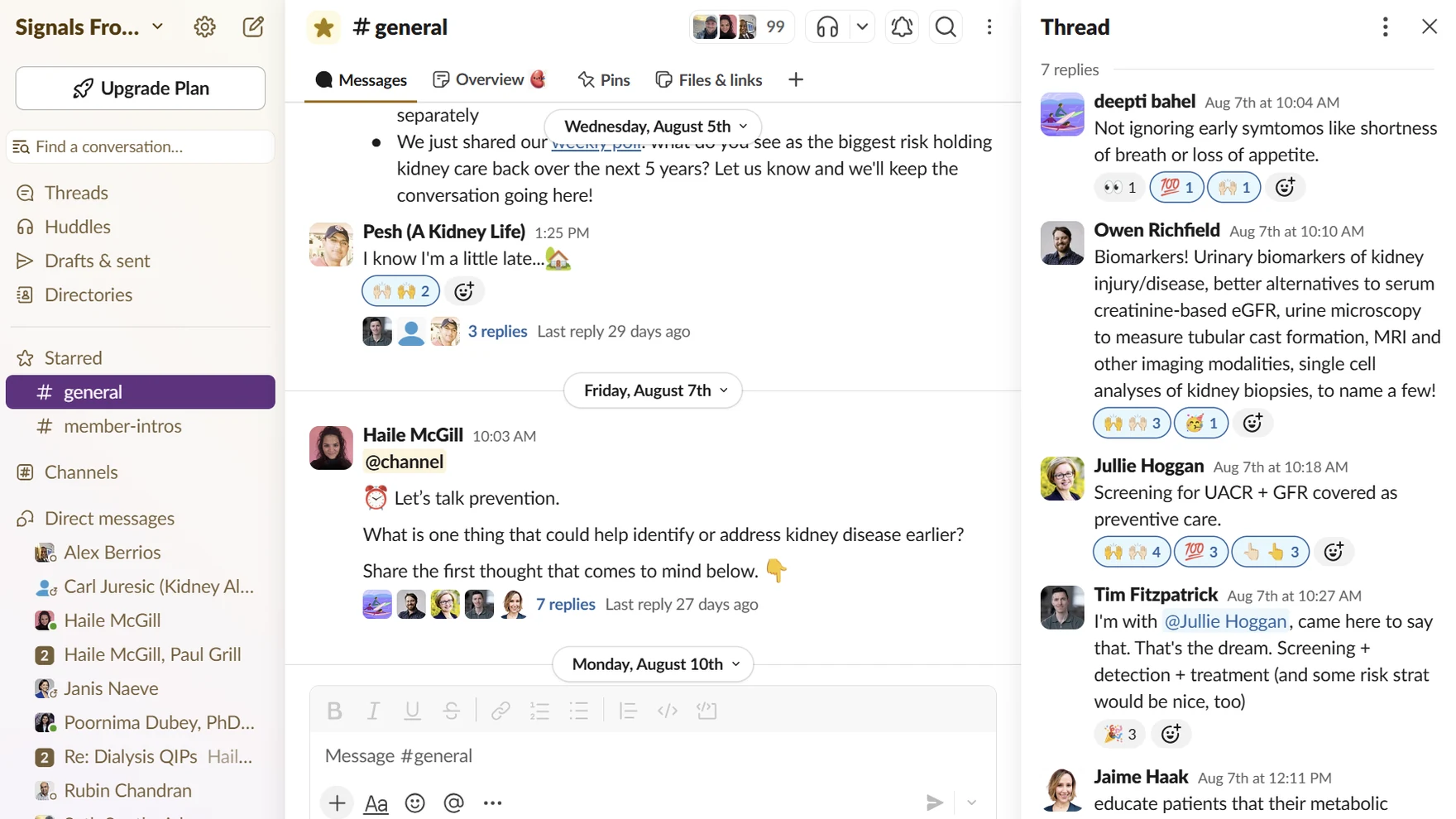 The private Signals Slack workspace showing the #general channel and an active member discussion thread